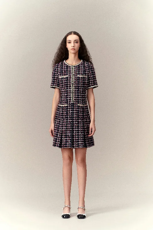 Dignified Pleat-detailed Tweed Dress