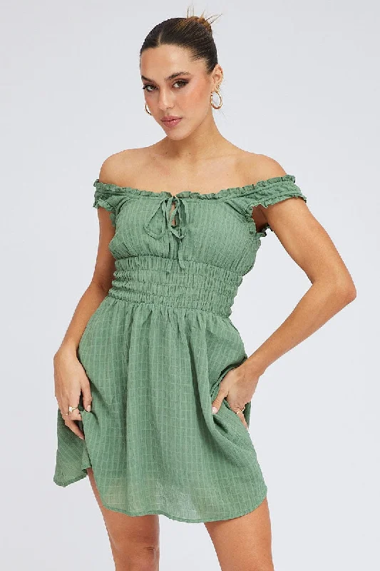 Green Fit and Flare Dress Sleeveless Waist Shirred