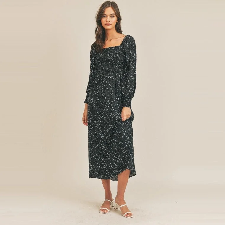 Smocked Print Ditsy Floral Midi Dress (Black)