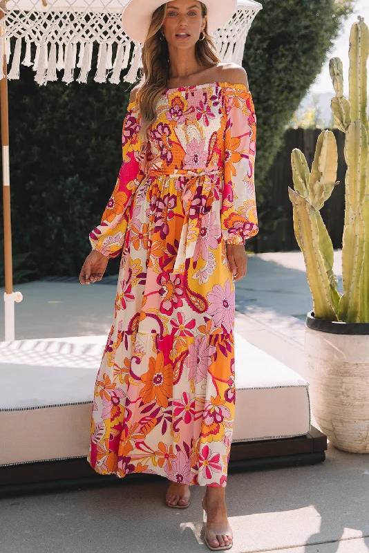 Boho Floral Smocked Off Shoulder Puff Sleeve Maxi Dress