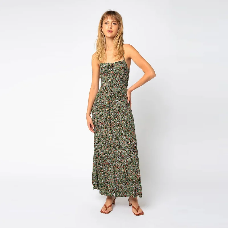 Ditsy Button Down Midi Dress (Black + Green)