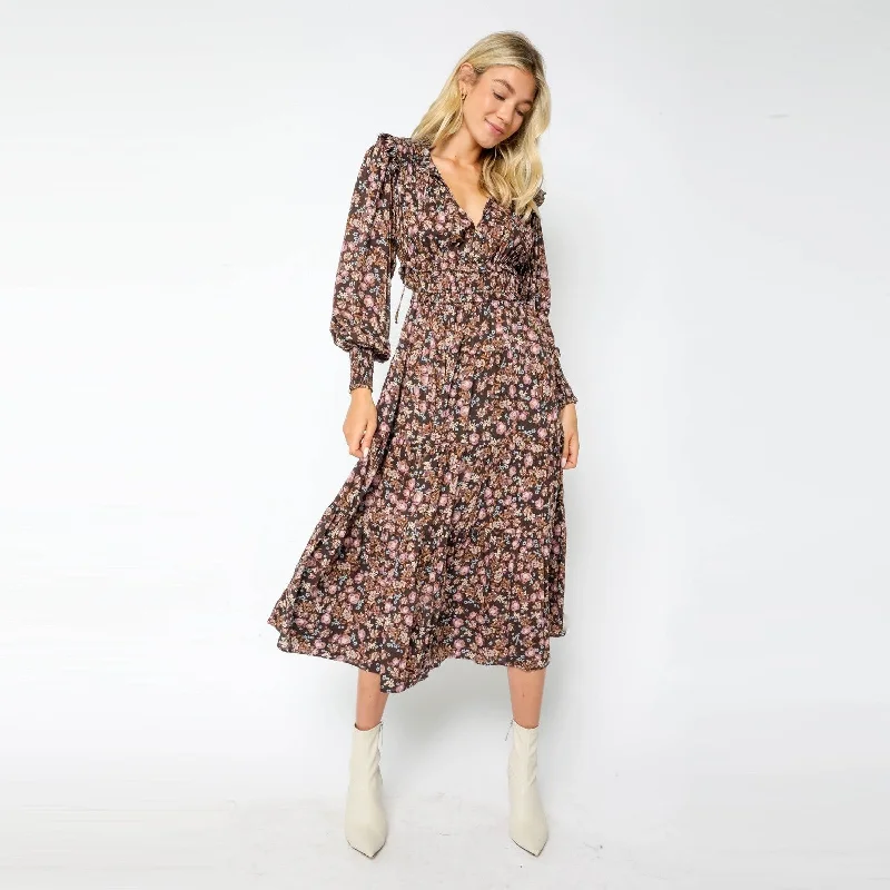 Ruffled Floral Midi Dress (Brown)