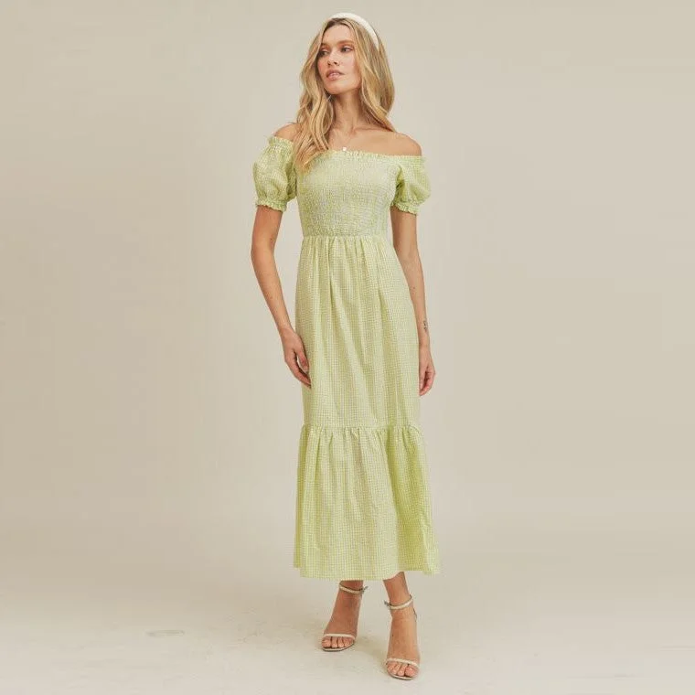 Smocked Gingham Midi Dress (Celery Green)