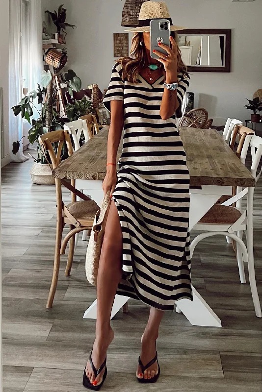 Stripe Print V Neck Maxi Dress with Side Splits