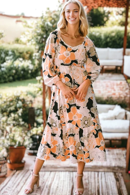 Tie Waist Puff Sleeve Bold Floral Maxi Dress