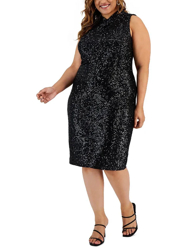 Plus Womens Sequined Midi Cocktail and Party Dress