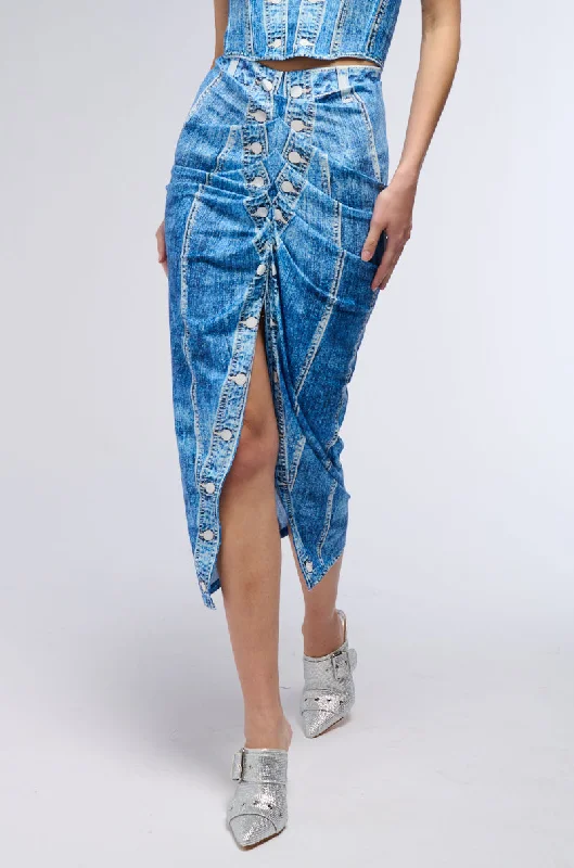 DAY DREAMING DENIM PRINTED MIDI SKIRT