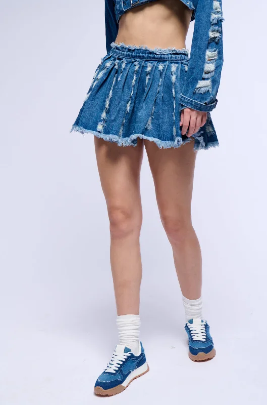 STRESSED OUT CUT OUT PLEATED DENIM MINI SKIRT