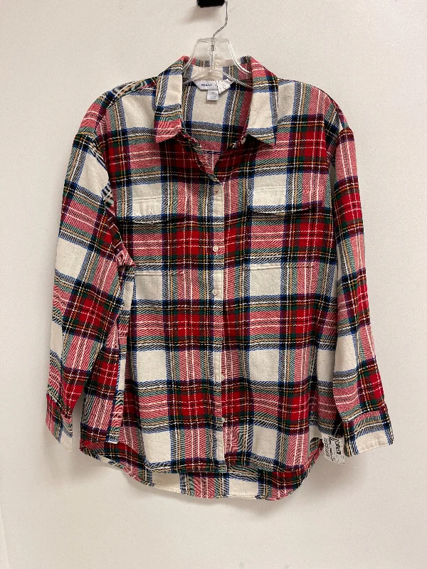 Blouse Long Sleeve By Old Navy In Plaid Pattern, Size: L