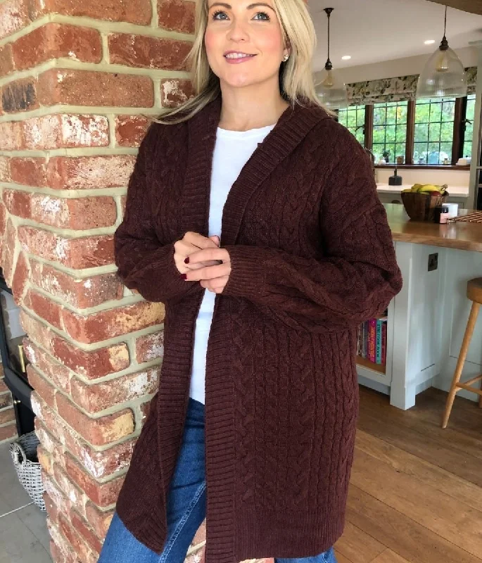 Brown Chunky Cable Knit Hooded Cardigan