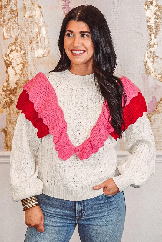 Cable Knit Frills Cream Sweater