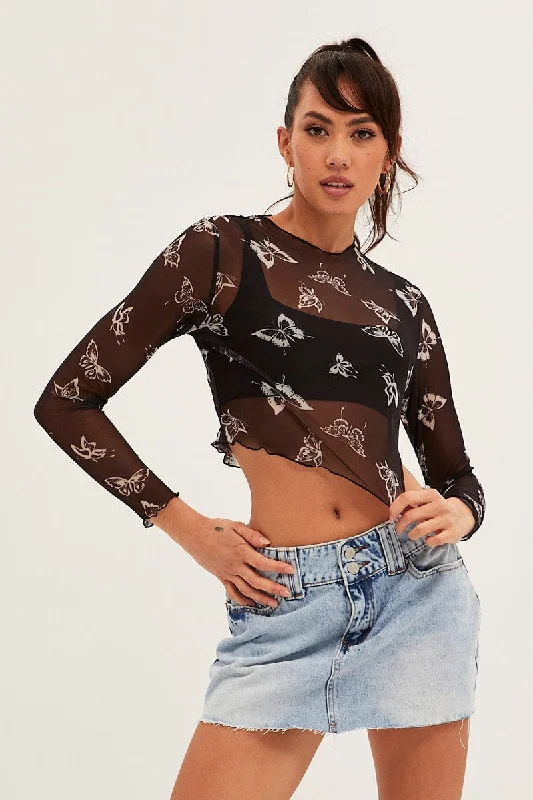 Black Mesh Long Sleeve Crop Top