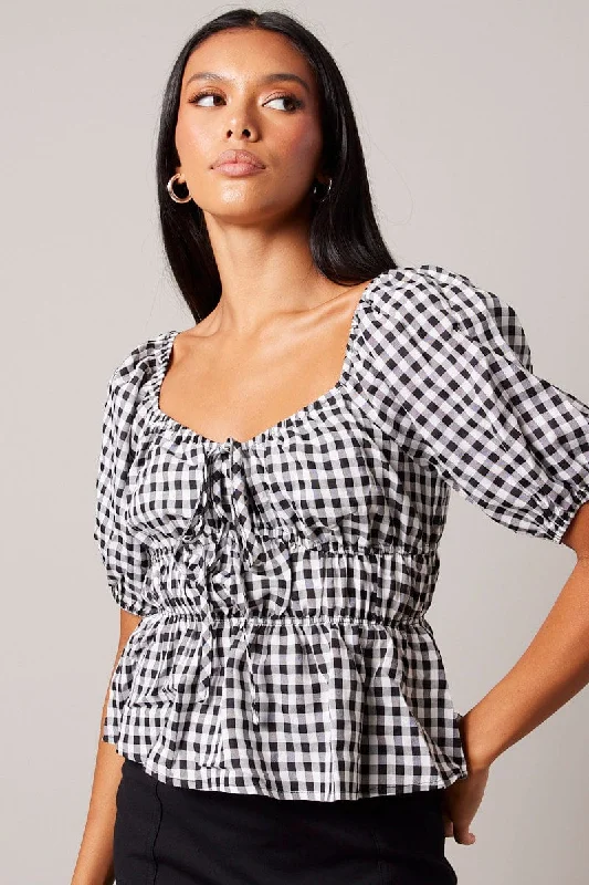 Yellow Check Ruched Peplum Top Short Sleeve