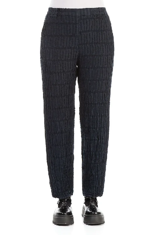 Dark Navy Textured Linen Pencil Trousers