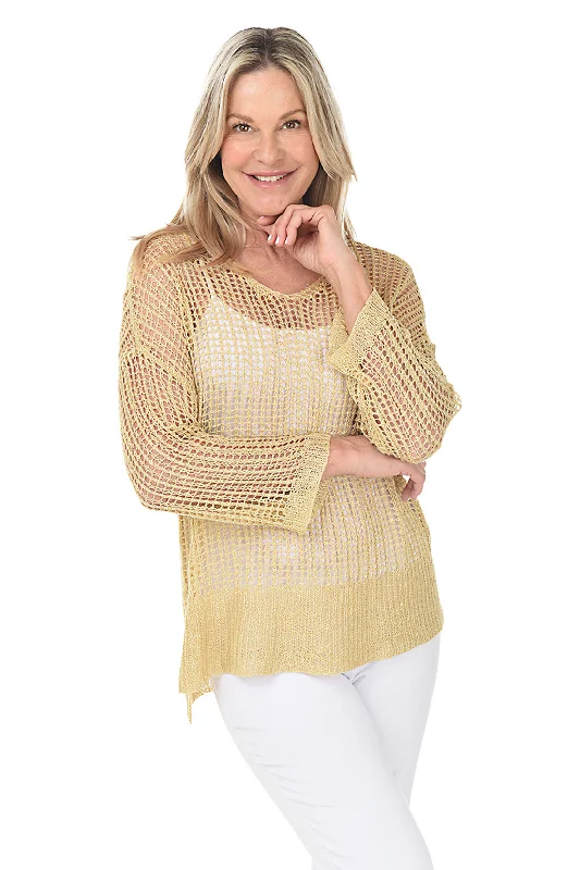 Gold Open Crochet High-Low Sweater